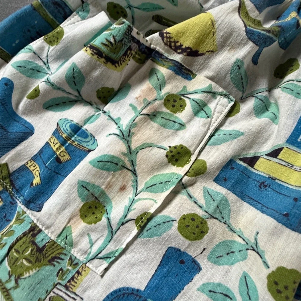 Vintage MCM Novelty Kitchen Print Half Apron Rick Rack Blue Green 1950s 60s